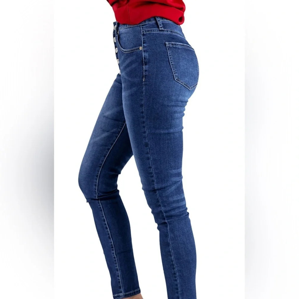 Chocolate indigo Blue Triple  button front high rise skinny jeans Sz S